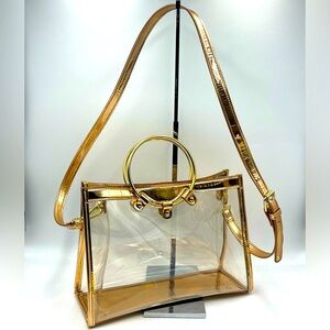 Transparent Handbag w/ Rose Gold Faux Leather Trim Ring Handles Shoulder Strap